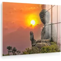 MuchoWow Glasschilderij - Foto op glas - Acrylglas - Buddha beeld - Natuur - Meditatie - Spiritualiteit - Glasschilderij binnen - Wanddecoratie glas - 160x120 cm - Schilderij - Muurdecoratie