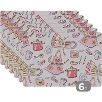 KitchenYeah Placemat - Placemats kunststof - Patronen - Keuken - Schort - Koken - Pastel - 45x30 cm - 6 stuks - Hittebestendig - Anti-Slip - Onderlegger - Afneembaar