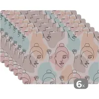KitchenYeah Placemat - Placemats kunststof - Vrouw - Bloemen - Line Art - Pastel - Patroon - 45x30 cm - 6 stuks - Hittebestendig - Anti-Slip - Onderlegger - Afneembaar