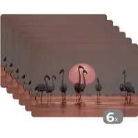 KitchenYeah Placemat - Placemats kunststof - Vogel - Flamingo - Zonsondergang - Roze - 45x30 cm - 6 stuks - Hittebestendig - Anti-Slip - Onderlegger - Afneembaar