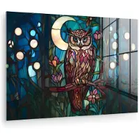 MuchoWow Glasschilderij 180x120 cm - Schilderij acrylglas - Uil - Mozaïek - Maan - Nacht - Foto op glas - Muurdecoratie woonkamer - Wanddecoratie slaapkamer - Schilderijen