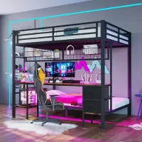Merax Stapelbed met Laden - 90x200 cm en 140x200 cm - met USB-poort - met LED-verlichting - Hang raster - bureau - zonder matras - zwart