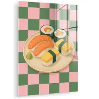 MuchoWow Glasschilderij 120x160 cm - Schilderij acrylglas - Sushi - Bord - Geblokt - Groen - Foto op glas - Muurdecoratie woonkamer - Wanddecoratie slaapkamer - Schilderijen