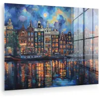 MuchoWow Glasschilderij 160x120 cm - Schilderij acrylglas - Grachten Amsterdam - Huizen - Stad - Kleurrijk - Foto op glas - Muurdecoratie woonkamer - Wanddecoratie slaapkamer - Schilderijen