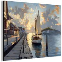 MuchoWow Aluminium schilderij 160x120 cm - Wanddecoratie metaal - Zeilboot - Zon - Pier - Hout - Metalen muurdecoratie woonkamer - Decoratie industrieel - Foto op dibond - Industriële accessoires slaapkamer