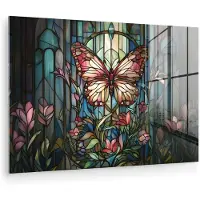 MuchoWow Glasschilderij 180x120 cm - Schilderij acrylglas - Vlinder - Roze - Bloemen - Bladeren - Foto op glas - Muurdecoratie woonkamer - Wanddecoratie slaapkamer - Schilderijen