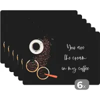 KitchenYeah Placemat - Placemats kunststof - Spreuken - Quotes - You are the cream in my coffee - Liefde - Koffie - 45x30 cm - 6 stuks - Hittebestendig - Anti-Slip - Onderlegger - Afneembaar