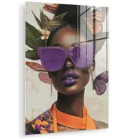 MuchoWow Glasschilderij 120x160 cm - Schilderij acrylglas - Vrouw - Zonnebril - Vlinder - Bloemen - Foto op glas - Muurdecoratie woonkamer - Wanddecoratie slaapkamer - Schilderijen
