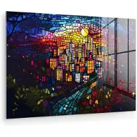 MuchoWow Glasschilderij 180x120 cm - Schilderij acrylglas - Stad - Maan - Mozaïek - Kleurrijk - Foto op glas - Muurdecoratie woonkamer - Wanddecoratie slaapkamer - Schilderijen