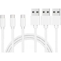 Phonillico 3x USB C naar USB A Nylon Gevlochten Kabel Zilver Wit - 1 meter - Oplaadkabel voor Realme 12 5G / 10 / 8 / 8i / 8 Pro / 7 / 7i / 7 Pro / 6 / 6i / 6s / 6 Pro / 5 Pro