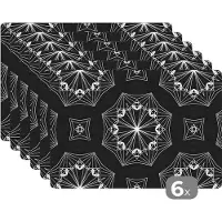 KitchenYeah Placemat - Placemats kunststof - Bloemen - Design - Zwart - Wit - Geometrie - 45x30 cm - 6 stuks - Hittebestendig - Anti-Slip - Onderlegger - Afneembaar
