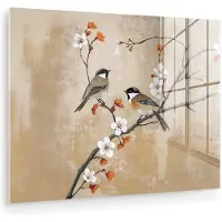 MuchoWow Glasschilderij 160x120 cm - Schilderij acrylglas - Vogels - Bloesemtak - Bloemen - Oranje - Foto op glas - Muurdecoratie woonkamer - Wanddecoratie slaapkamer - Schilderijen