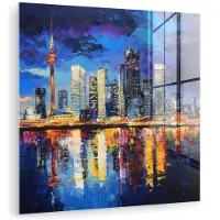 MuchoWow Glasschilderij 50x50 cm - Schilderij acrylglas - Skyline Toronto - Modern - Stadslicht - Blauw - Foto op glas - Muurdecoratie woonkamer - Wanddecoratie slaapkamer - Schilderijen