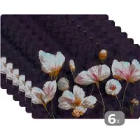 KitchenYeah Placemat - Placemats kunststof - Bloemen - Planten - Roze - Zwart - 45x30 cm - 6 stuks - Hittebestendig - Anti-Slip - Onderlegger - Afneembaar