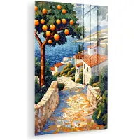 MuchoWow Glasschilderij 120x180 cm - Schilderij acrylglas - Huizen - Mozaïek - Sinaasappelbomen - Zee - Foto op glas - Muurdecoratie woonkamer - Wanddecoratie slaapkamer - Schilderijen
