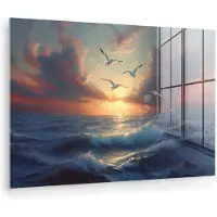 MuchoWow Glasschilderij 180x120 cm - Schilderij acrylglas - Meeuwen - Zonsondergang - Zee - Wolken - Foto op glas - Muurdecoratie woonkamer - Wanddecoratie slaapkamer - Schilderijen