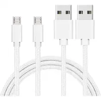 Phonillico 2x Micro USB naar USB A Nylon Gevlochten Kabel Zilver Wit - 1 meter - Oplaadkabel voor Realme 5i (6,52" 2020) / C3 (6,5" 2020) / C11 (6,5" 2020) / C11 (2021) (6,52" 2021)