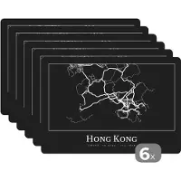 KitchenYeah Placemat - Placemats kunststof - Hong Kong - Kaart - Stadskaart - Plattegrond - 45x30 cm - 6 stuks - Hittebestendig - Anti-Slip - Onderlegger - Afneembaar