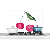 KitchenYeah Spatscherm keuken 90x60 cm - Kookplaat achterwand Kersen - Waterverf - Wit - Muurbeschermer - Spatwand fornuis - Hoogwaardig aluminium