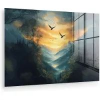 MuchoWow Glasschilderij 180x120 cm - Schilderij acrylglas - Vogels - Zon - Bomen - Groen - Foto op glas - Muurdecoratie woonkamer - Wanddecoratie slaapkamer - Schilderijen