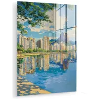 MuchoWow Glasschilderij 120x160 cm - Schilderij acrylglas - Berg - Skyline - Strand - Water - Foto op glas - Muurdecoratie woonkamer - Wanddecoratie slaapkamer - Schilderijen