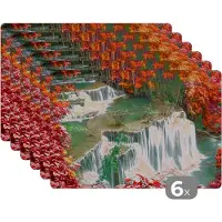 KitchenYeah Placemat - Placemats kunststof - Bomen - Waterval - Herfst - Natuur - 45x30 cm - 6 stuks - Hittebestendig - Anti-Slip - Onderlegger - Afneembaar