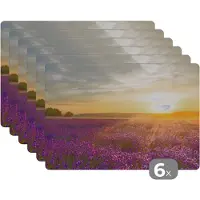 KitchenYeah Placemat - Placemats kunststof - Lavendel - Zonsondergang - Bomen - Paars - 45x30 cm - 6 stuks - Hittebestendig - Anti-Slip - Onderlegger - Afneembaar