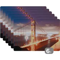KitchenYeah Placemats - Golden Gate Bridge - Nacht - San Francisco - Water - Verlichting - Onderleggers - Onderleggers placemats - Placemat - 45x30 cm - 6 stuks