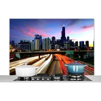 KitchenYeah Spatscherm keuken - Chicago - Stad - Skyline - Licht - Auto - Amerika - Spatwand keuken - Kookplaat achterwand - 120x80 cm - Aluminium