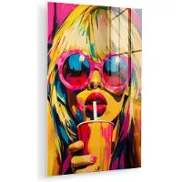 MuchoWow Glasschilderij 120x180 cm - Schilderij acrylglas - Zonnebril - Roze - Vrouw - Rietje - Foto op glas - Muurdecoratie woonkamer - Wanddecoratie slaapkamer - Schilderijen