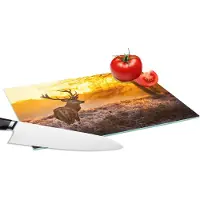 KitchenYeah Glazen Snijplank - 28x20 - Hert - Dieren - Zonsondergang - Winter - Heide - Natuur - Snijplanken Glas