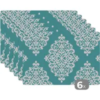 KitchenYeah Placemat - Placemats kunststof - Bloemen - Wit - Blauw - Vintage - Patronen - 45x30 cm - 6 stuks - Hittebestendig - Anti-Slip - Onderlegger - Afneembaar