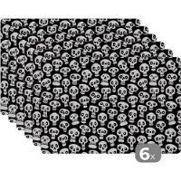KitchenYeah Placemat - Placemats kunststof - Patronen - Skull - Zwart Wit - 45x30 cm - 6 stuks - Hittebestendig - Anti-Slip - Onderlegger - Afneembaar