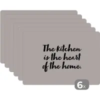 KitchenYeah Placemat - Placemats kunststof - Quotes - Koken - Spreuken - The kitchen is the heart of the home - Thuis - 45x30 cm - 6 stuks - Hittebestendig - Anti-Slip - Onderlegger - Afneembaar