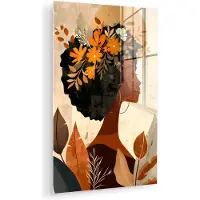 MuchoWow Glasschilderij 60x90 cm - Schilderij acrylglas - Vrouw - Krullen - Bloemen - Beige - Foto op glas - Muurdecoratie woonkamer - Wanddecoratie slaapkamer - Schilderijen