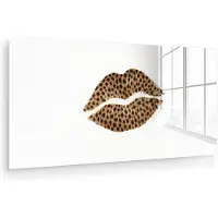 MuchoWow Glasschilderij 160x80 cm - Schilderij acrylglas - Lip - Panterprint - Minimalistisch - Wit - Foto op glas - Muurdecoratie woonkamer - Wanddecoratie slaapkamer - Schilderijen