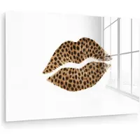MuchoWow Glasschilderij 120x80 cm - Schilderij acrylglas - Lip - Panterprint - Minimalistisch - Wit - Foto op glas - Muurdecoratie woonkamer - Wanddecoratie slaapkamer - Schilderijen