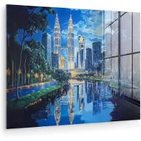 MuchoWow Glasschilderij 120x90 cm - Schilderij acrylglas - Stad Kuala Lumpur - Skyline - Wolkenkrabbers - Water - Foto op glas - Muurdecoratie woonkamer - Wanddecoratie slaapkamer - Schilderijen