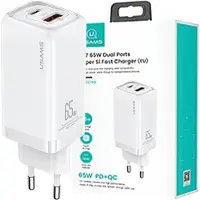 Usams Laadkabel. Netwerkkabel. 1x USB-C + 1x USB. Model T47. 65W (alleen adapter). PD snelladen. Super Silicon. Wit. Artikelnummer CC153TC02 (Us-CC153)