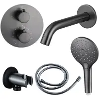 FortiFura Calvi Badkraan set - uitloop - 22cm inkortbaar - rond bedienigspaneel - gladde slang - ronde handdouche - inbouwdeel - wandhouder - geborsteld gunmetal PVD