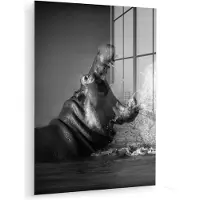 MuchoWow Glasschilderij - Foto op glas - Acrylglas - Dieren - Nijlpaard - Water - Zwart - Wit - Muurdecoratie - 120x160 cm - Wanddecoratie dieren - Schilderij glas
