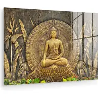 MuchoWow - Glasschilderij - Foto op glas - Boeddha - Zen - Brons - Buddha beeld - Muurdecoratie Boeddha - Wanddecoratie - 180x120 cm - Schilderij glas - Acrylglas