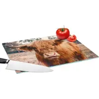 KitchenYeah Glazen Snijplank - 39x28 - Koe- Schotse hooglander - Hoorns - Bruin - Landschap - Snijplanken Glas