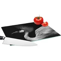 KitchenYeah Glazen Snijplank - 28x20 - Kraanvogel - Zwart - Wit - Vogel - Dieren - Snijplanken Glas