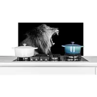 KitchenYeah Spatscherm keuken 90x45 cm - Kookplaat achterwand Leeuw - Wilde dieren - Gras - Zwart - Wit - Muurbeschermer - Spatwand fornuis - Hoogwaardig aluminium