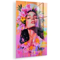 MuchoWow Glasschilderij 120x180 cm - Schilderij acrylglas - Portret - Bloemenkroon - Vrouw - Foto op glas - Muurdecoratie woonkamer - Wanddecoratie slaapkamer - Schilderijen
