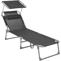 Bobbel Home Ligstoel Met Hoofdsteun – Verstelbare Rugleuning – Inklapbare Tuinligstoel Met Zonnedak – Lichtgewicht – Draagkracht Tot 150Kg – Voor Tuin – Balkon – Donkergrijs – 193x30x62cm