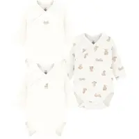 Petit Bateau Set van katoenen babybody's met lange mouwen en print Unisex Rompertje - Wit/Bruin + Wit/Bruin + Wit/Bruin