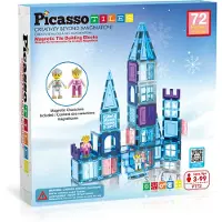 PicassoTiles PicasssoTiles 72 Piece Magnetic Building Tiles Castle Winter Ice Theme Construction Magnet Block Set with Princess Prince Character Stairs Windows Doo