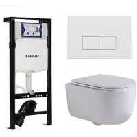 Geberit QeramiQ Dely Swirl Toiletset - 36.3x51.7cm - diepspoel - rimless - Inbouwreservoir met UP320 spoelmechanisme - slim zitting - mat witte metalen bedieningsplaat - rechtehoekige knoppen - wit